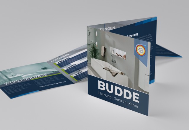 Quadratischer Flyer für Sanitär Budde GmbH