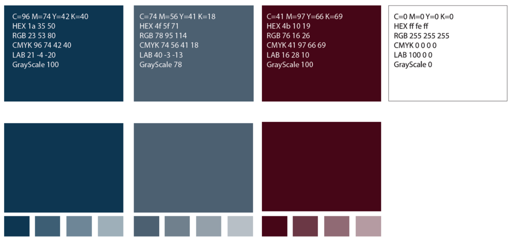 Farbpaletten mit unterschiedlichen Farbtönen und deren CMYK-Werten